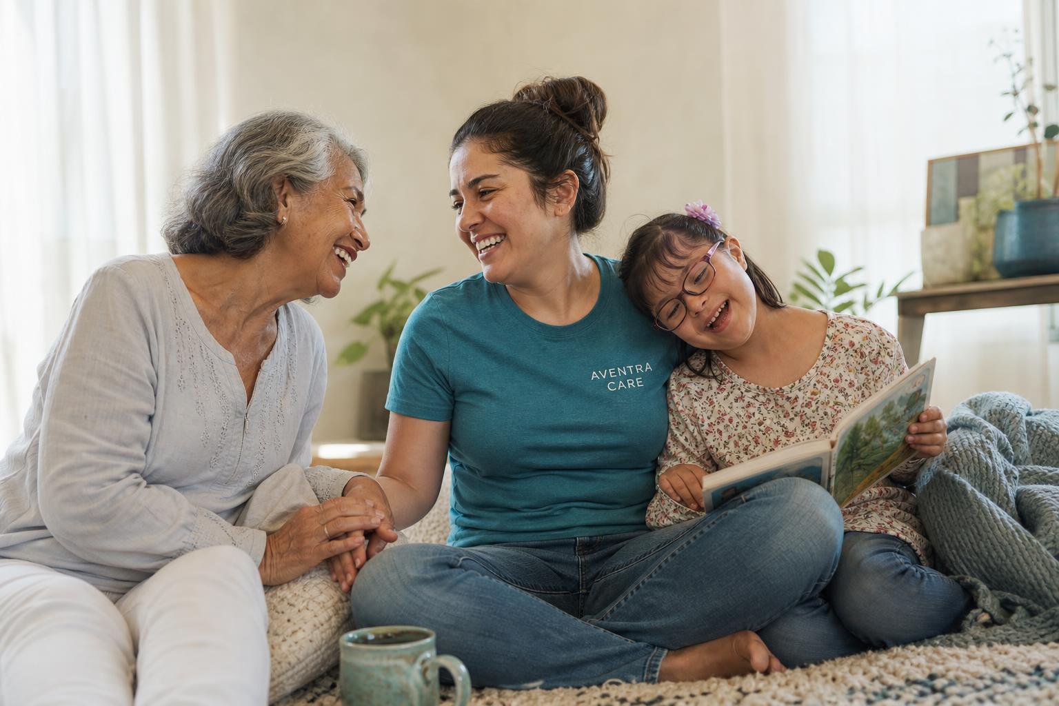 Aventra caregivers with an elderly woman and a child with special needs at home